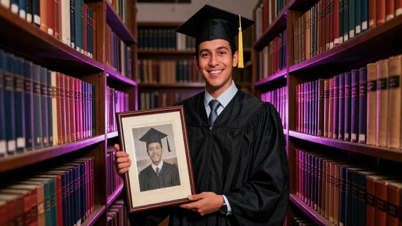 Graduado mexicano busca fotos de graduación en la biblioteca