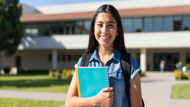 Joven estudiante mexicana sonríe en campus soleado