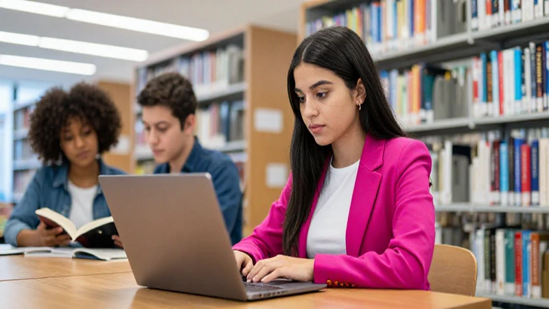 Estudiante mexicana en biblioteca moderna