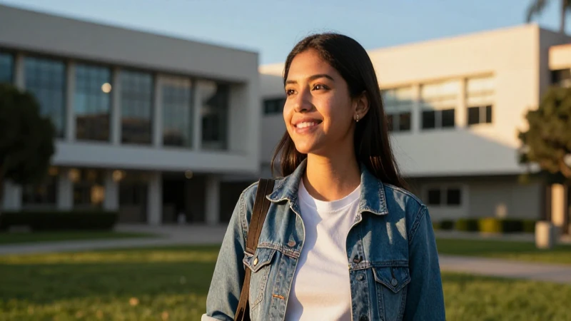 Joven estudiante mexicano soñando en campus moderno