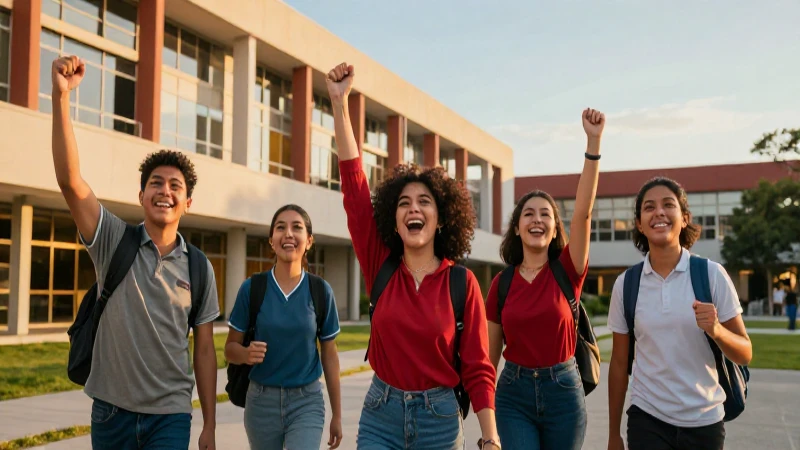 Estudiantes mexicanos celebran en campus moderno con luz dorada