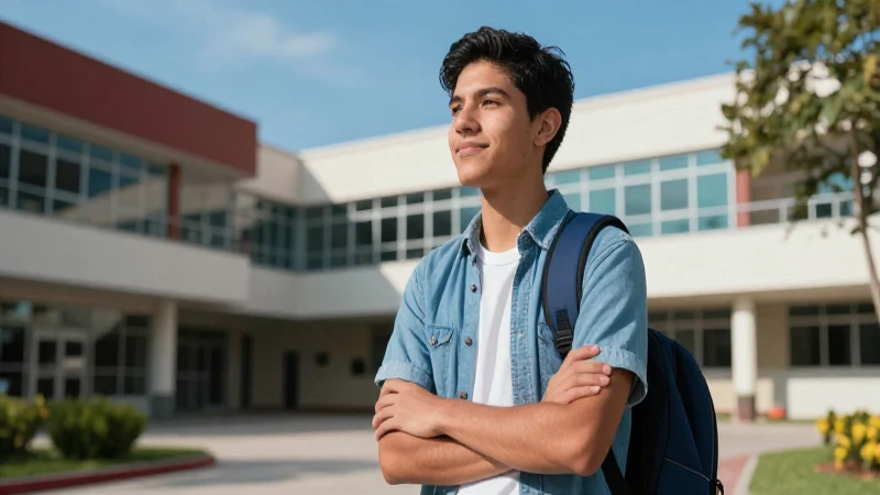 Estudiante mexicano brillante en un campus moderno