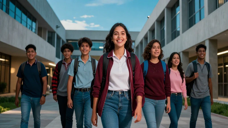Estudiantes mexicanos sonrientes en campus moderno