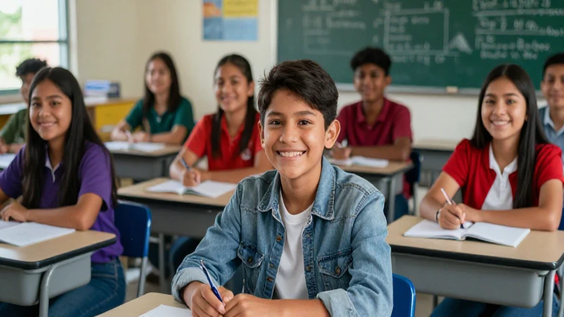 Alumnos mexicanos sonriendo en aula moderna