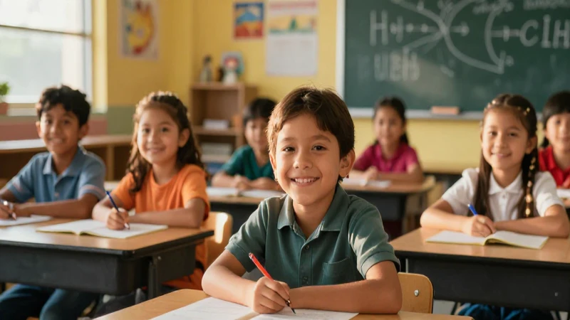 Estudiante mexicano sonriendo en aula moderna