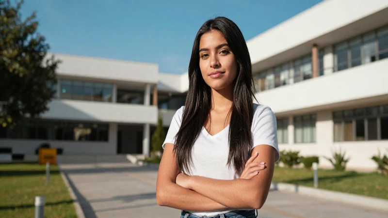 Joven mexicana atractiva en campus educativo moderno