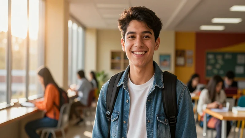 Estudiante sonriente en aula moderna y vibrante