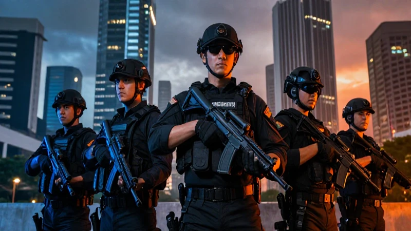 Fuerzas tácticas vigilantes en el horizonte urbano de Monterrey