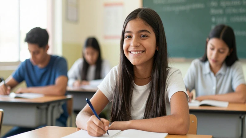 Joven mexicano estudia feliz en aula moderna