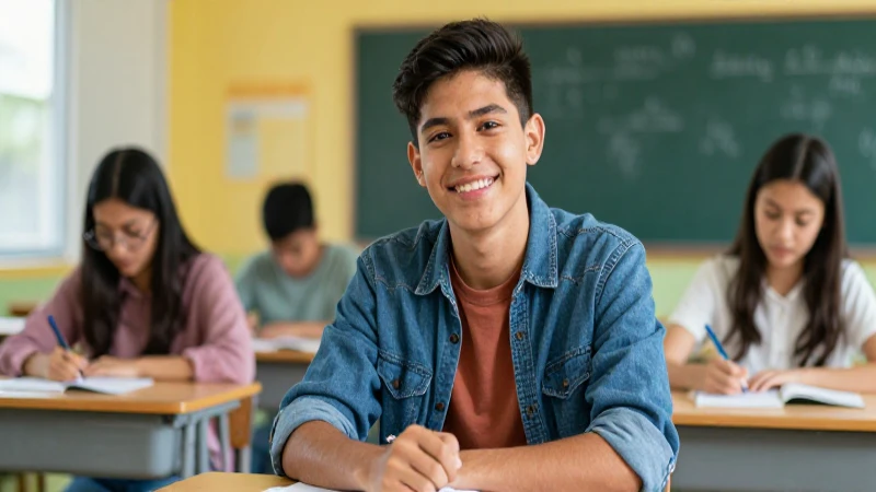 Joven mexicano sonríe en aula moderna con estilo