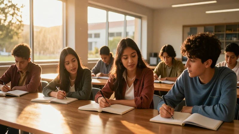 Estudiantes mexicanos en campus vibrante al atardecer