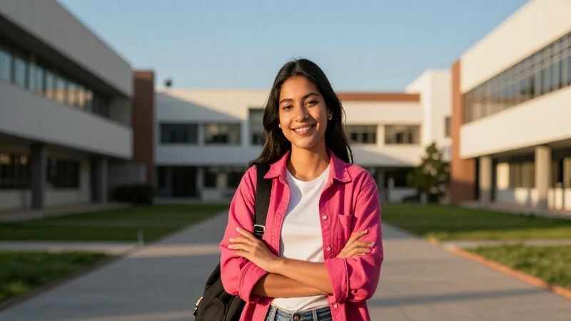Estudiante mexicano sonríe en moderno campus