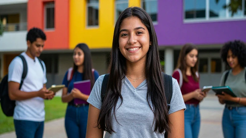 Estudiante mexicano sonríe en un campus vibrante