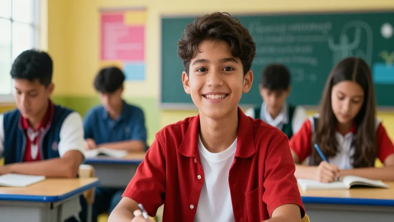 Joven estudiante mexicano exitoso en moderno aula