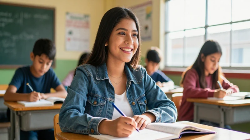 Estudiante mexicano alegre estudia con luz en un aula