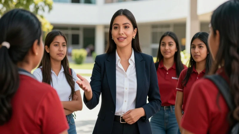Joven mexicana guía alumnos en campus moderno