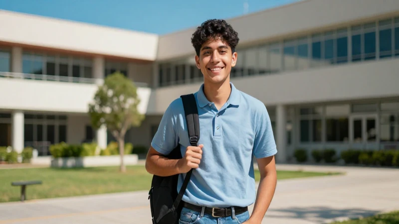 Estudiante mexicano sonriente en campus moderno y dinámico