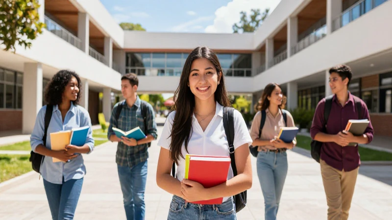 Estudiante mexicana sonríen en campus universitario moderno