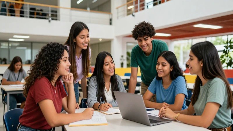 Estudiantes mexicanos vibrantes colaboran en un campus moderno