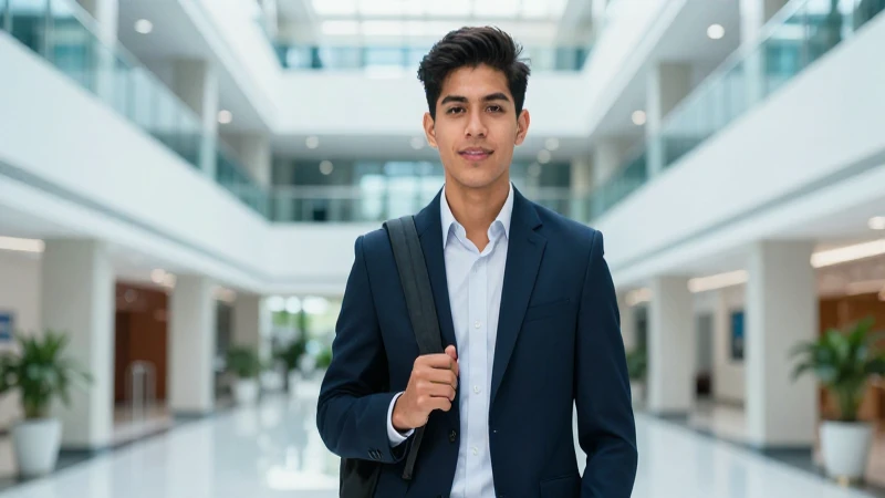 Joven mexicana en campus moderno y profesional
