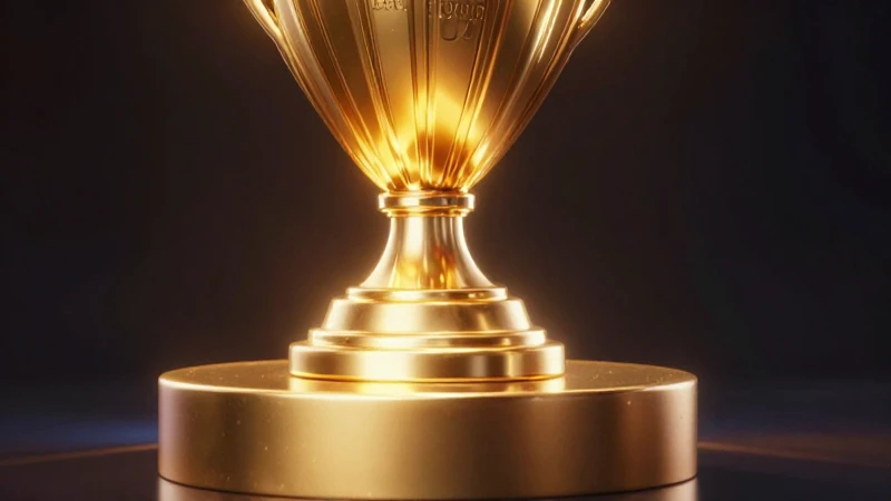Triunfador sonriente con premio dorado