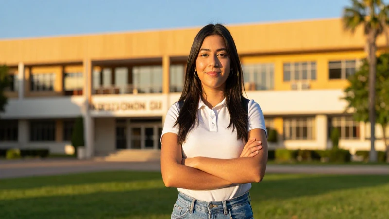Estudiante mexicano en campus dorado, oportunidad y éxito