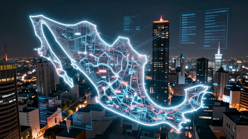 Mapa holográfico de México en un entorno futurista