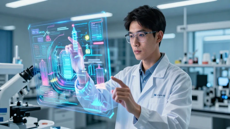 Ingeniera con hologramas en laboratorio moderno