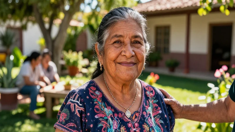 Mujer mayor sonríe en jardín vibrante y soleado