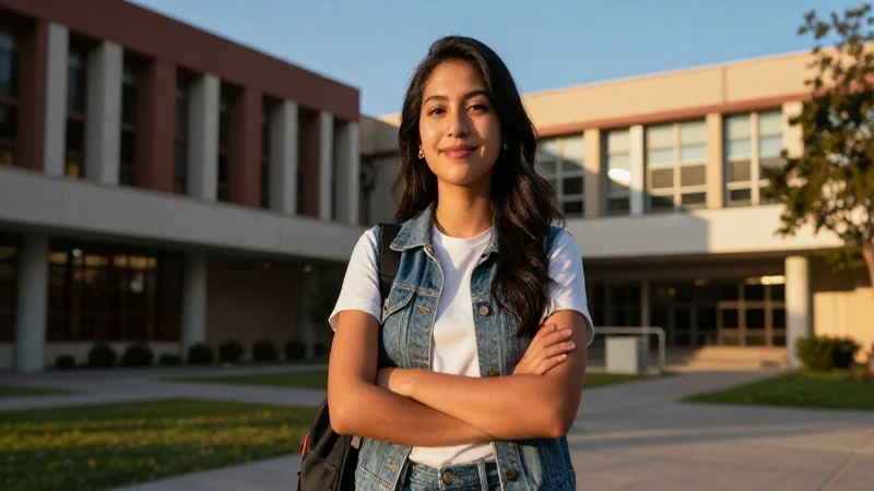 Estudiante universitario exitosa en un campus moderno