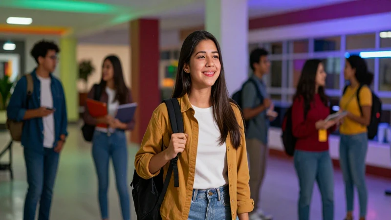 Joven mexicano en campus vibrante, simbolizando éxito