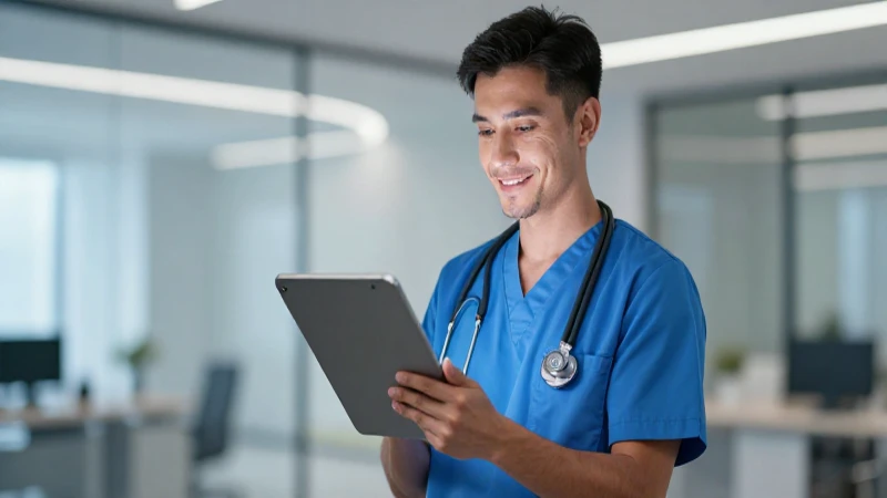Profesional de la salud con tablet en oficina moderna
