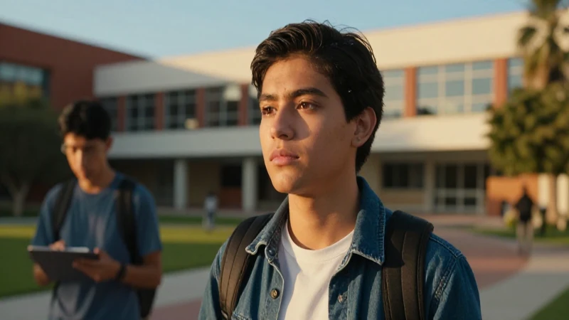 Estudiante mexicano enfocado en campus futurista