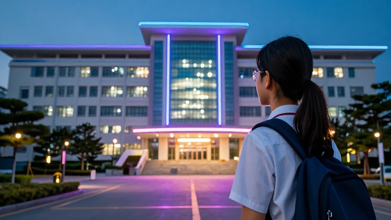 Estudiante mira campus coreano futurista