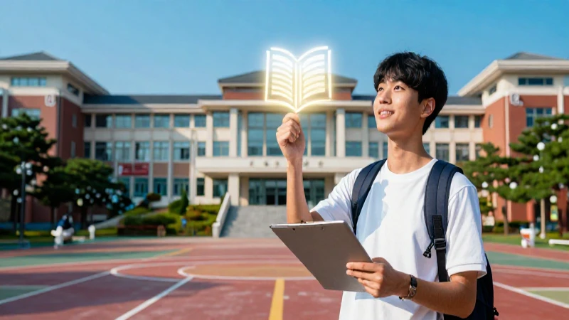 Estudiante exitoso en moderno campus coreano