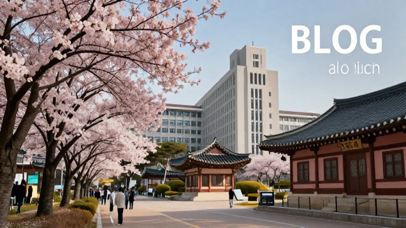 Estudiante coreano, arquitectura y flores vibrantes