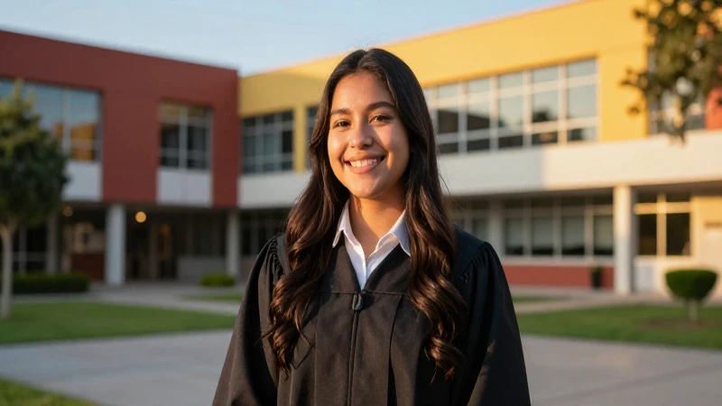 Estudiante feliz en campus con luz dramática