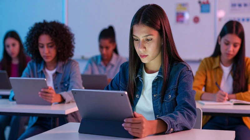 Estudiante mexicano enfocado con tablet en aula moderna