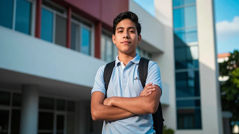 Estudiante mexicano con oportunidades luminosas en campus moderno