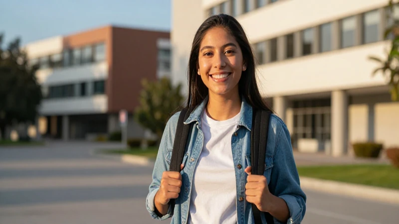 Estudiante sonriente en campus bajo luz dorada