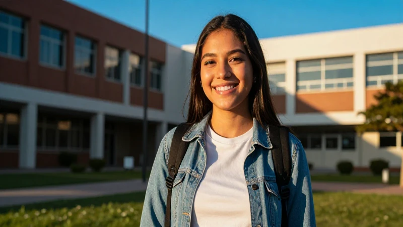 Estudiante mexicano exitoso sonríe en campus moderno