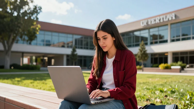 Estudiante exitoso en un campus universitario soleado