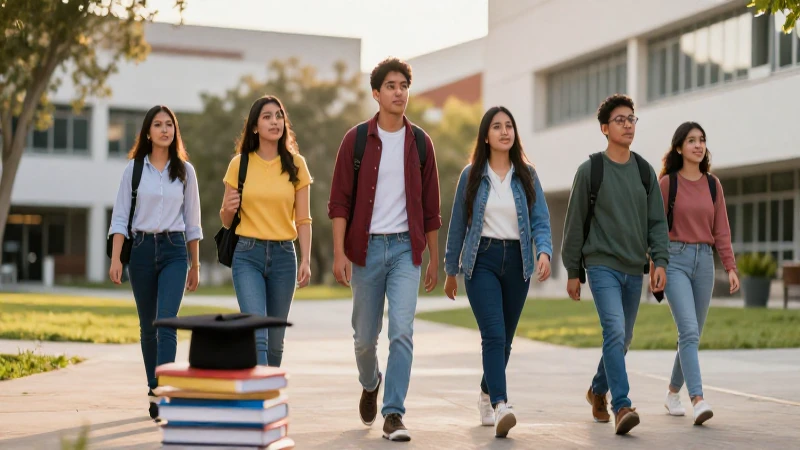 Estudiantes mexicanos modernos caminan con confianza bajo la luz