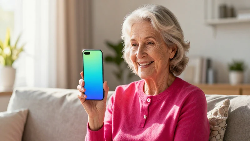 Abuela sonriente y teléfono brillante en casa iluminada