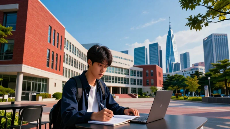 Estudiante coreano en campus moderno y vibrante
