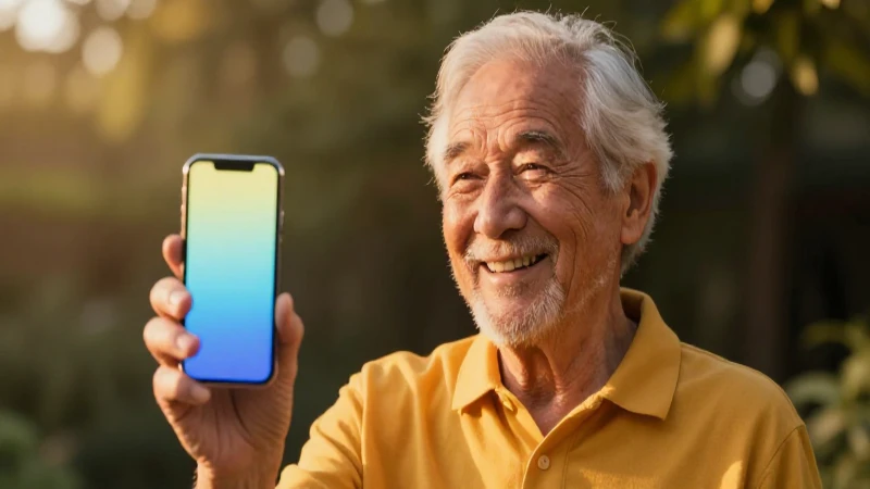 Anciano sonriente sostiene dispositivo brillante al atardecer