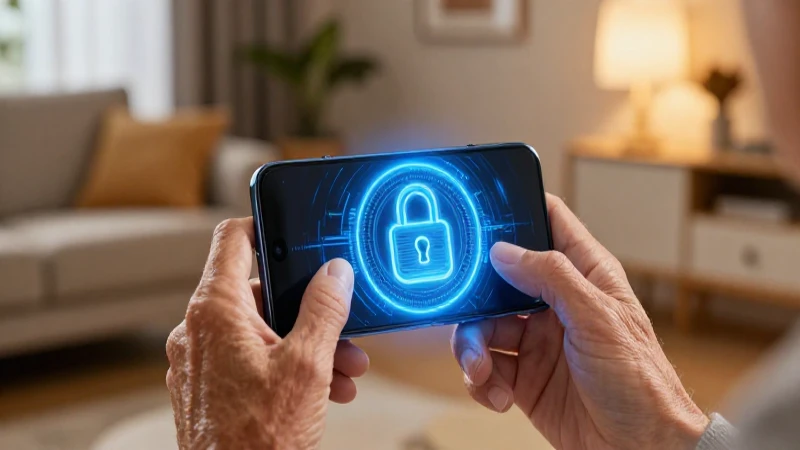 Manos mayores sostienen un smartphone futurista