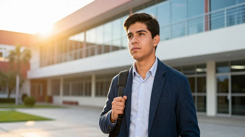 Estudiante mexicano moderno en campus dorado