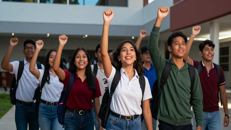Jóvenes mexicanos celebrando éxitos en moderno campus