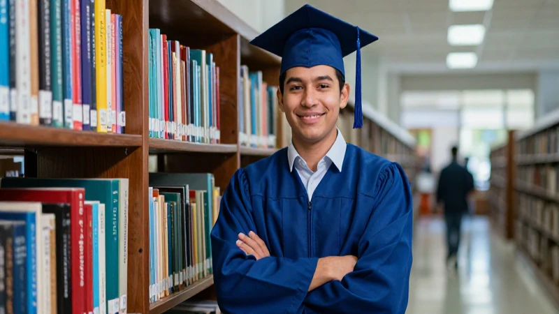 Estudiante mexicano en biblioteca con foto profesional